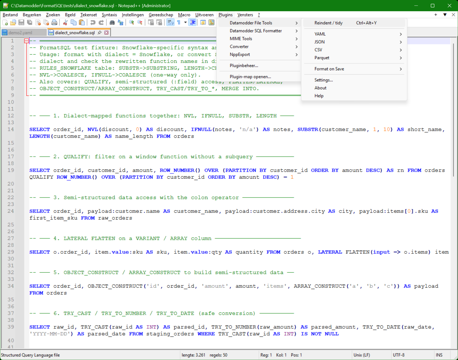 Datamodder File Tools menu met YAML, JSON, CSV en Parquet submenus