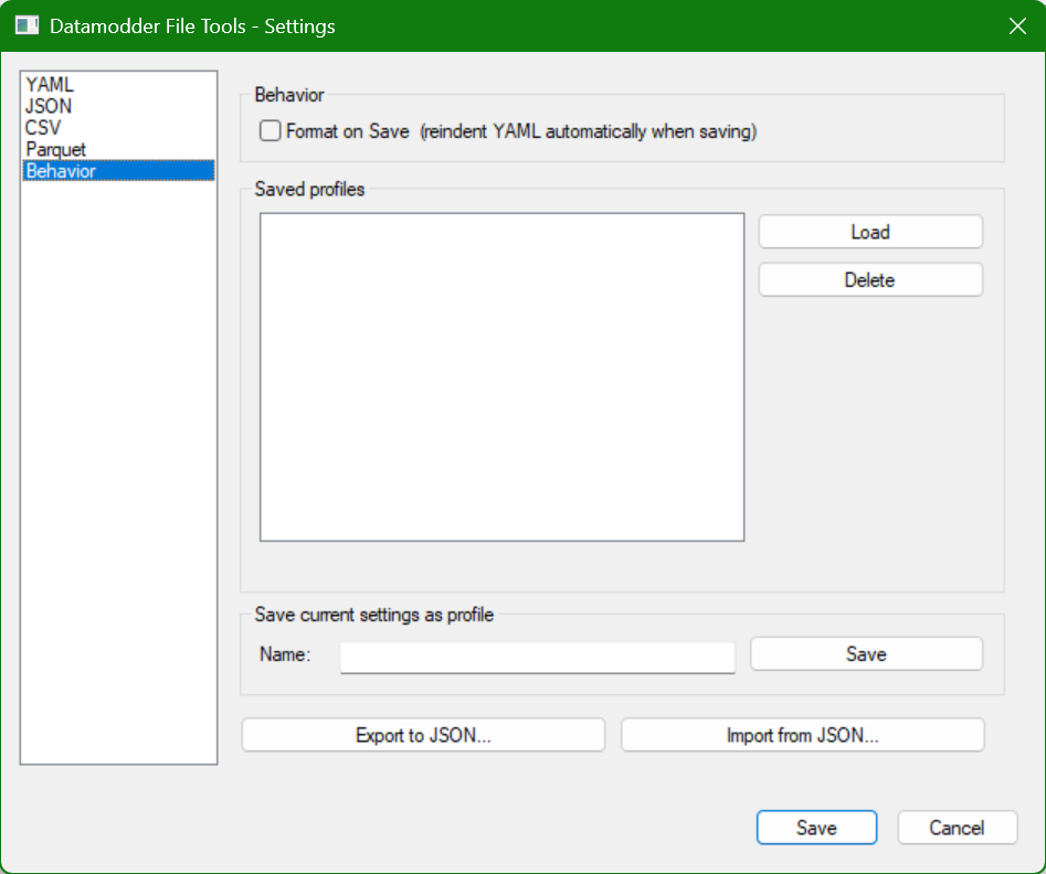 Behavior-tabblad van de File Tools instellingen met opgeslagen profielen