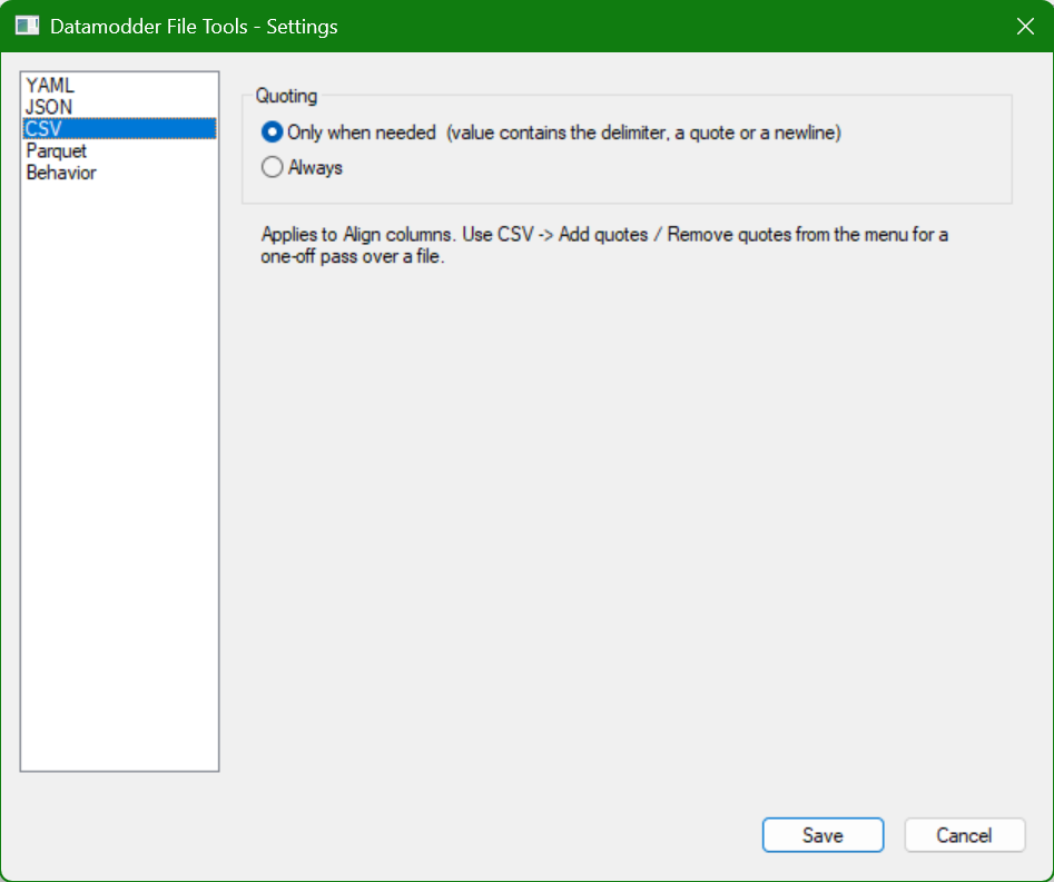 CSV-tabblad van de File Tools instellingen