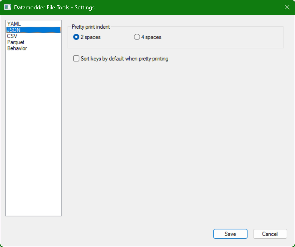 JSON-tabblad van de File Tools instellingen
