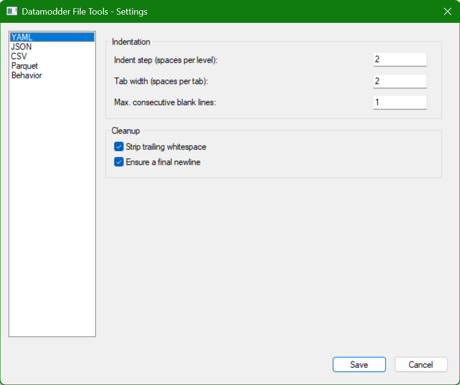 YAML-tabblad van de File Tools instellingen