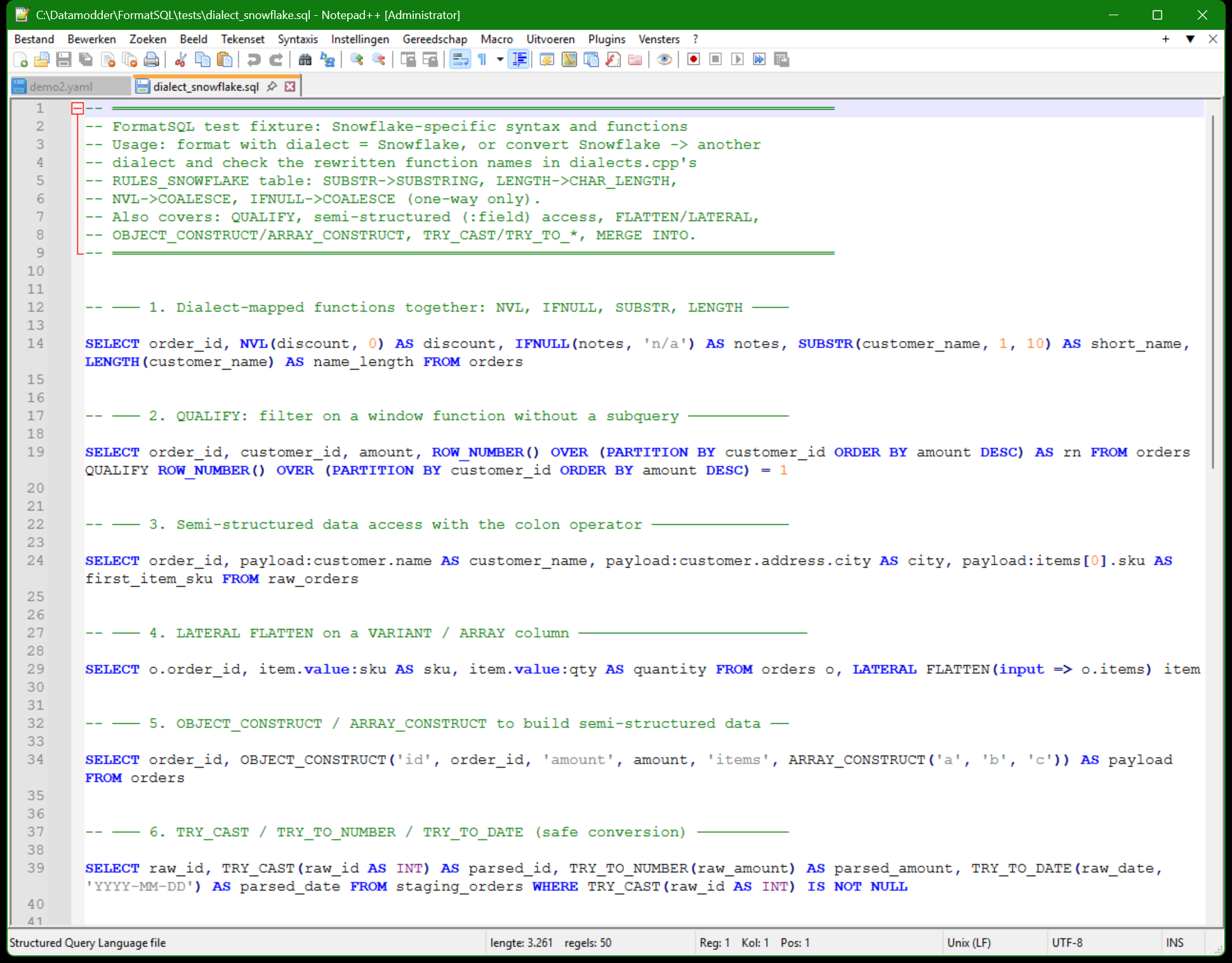 Notepad++ met de Datamodder SQL Formatter plugin en al geformatteerde SQL