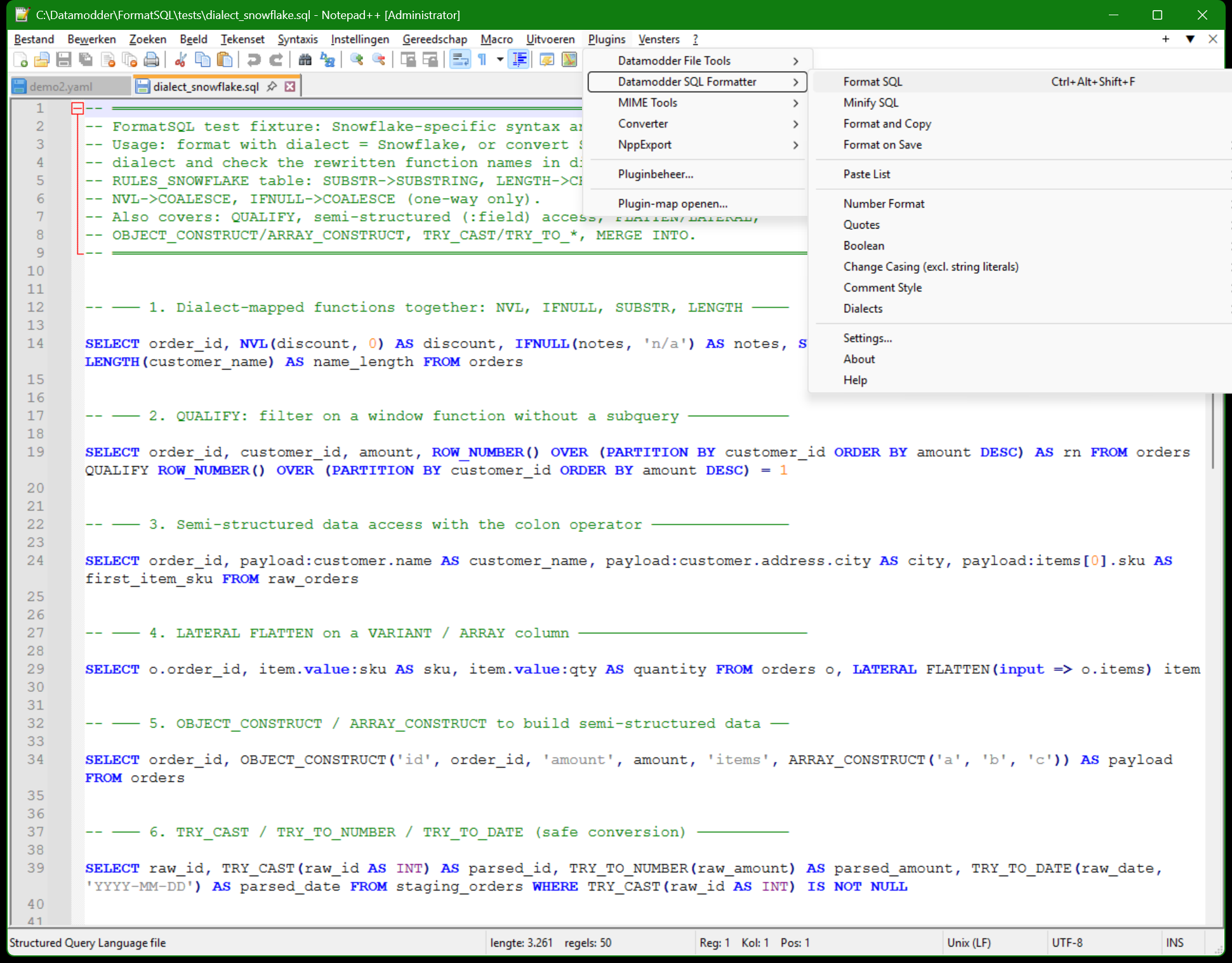 Datamodder SQL Formatter menu met Format and Copy en Format on Save